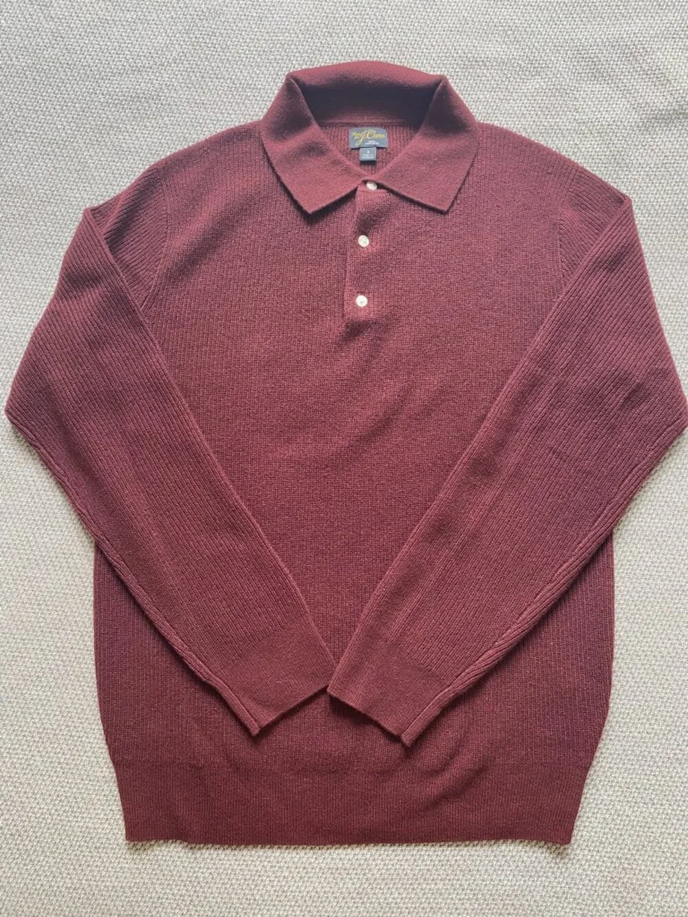 J Crew mens burgundy cashmere long sleeve polo sweater - size small.